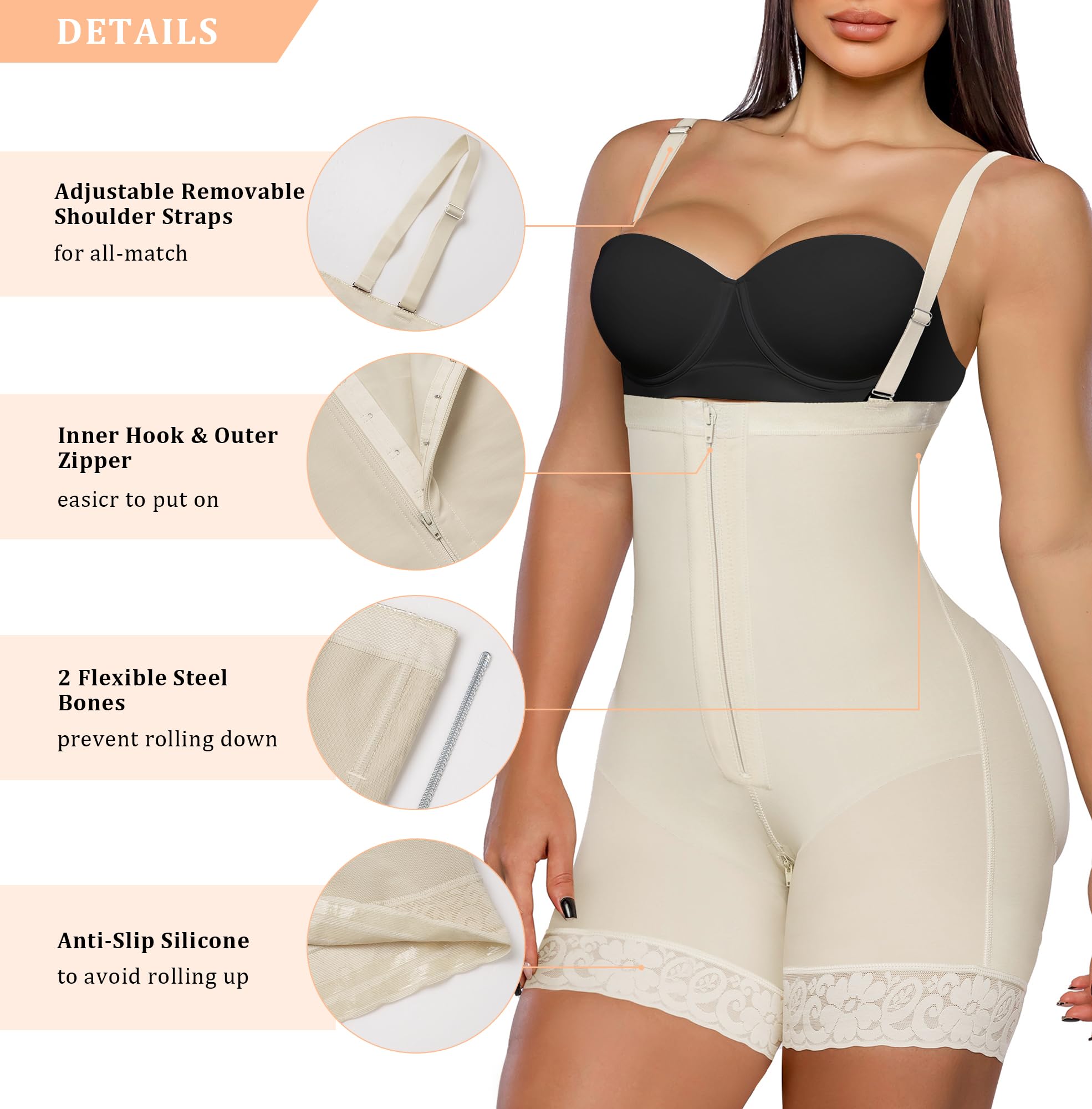 YIANNA Fajas Colombianas Shapewear for Women Tummy Control Body Shaper Butt Lifter Thigh Slimmer with Zipper Crotch