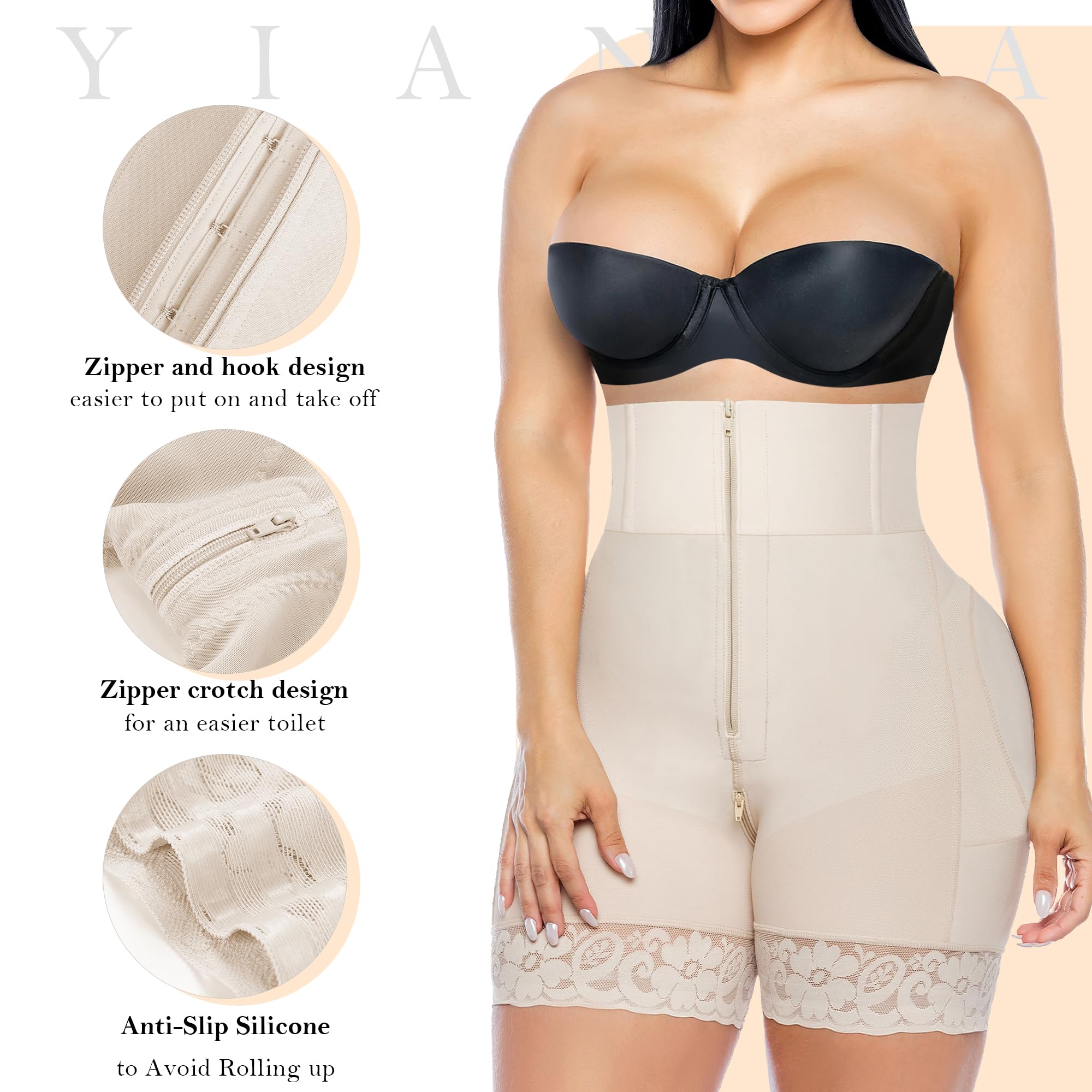 YIANNA Shapewear for Women Tummy Control Strapless Fajas Colombianas Body Shaper Shorts Butt Lifter with Zipper Crotch