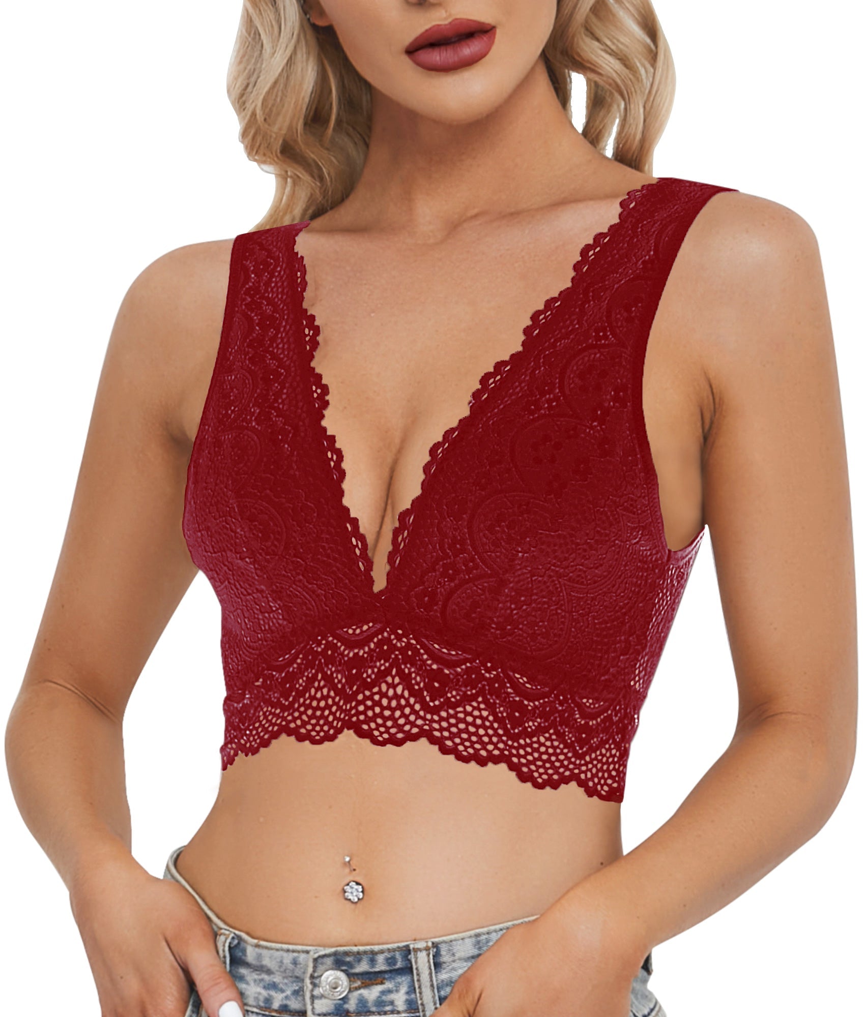 YIANNA Lace Bralette, Women's Deep V Neck Unpadded Lace Long Line Plunge Bralette Bra