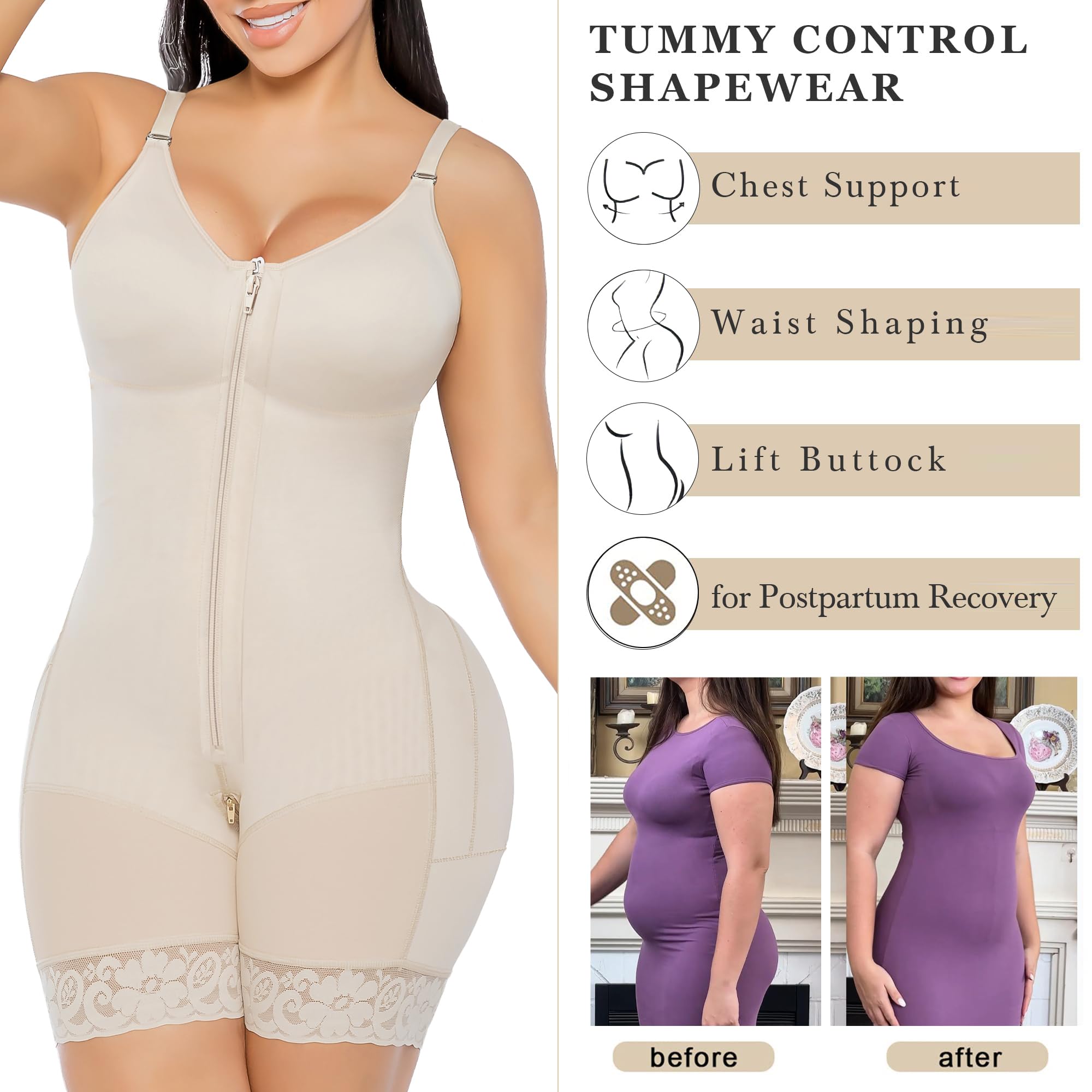 YIANNA Fajas Colombianas Postpartum Shapewear for Women Tummy Control Butt Lifter Body Shaper with Zipper Crotch